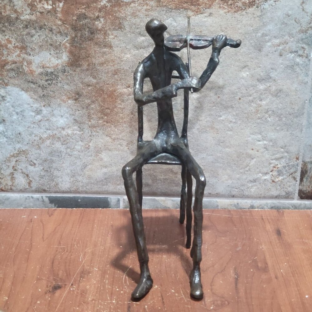 Man Sitting on Chair Playing Violin Metal Sculpture Elongated Design